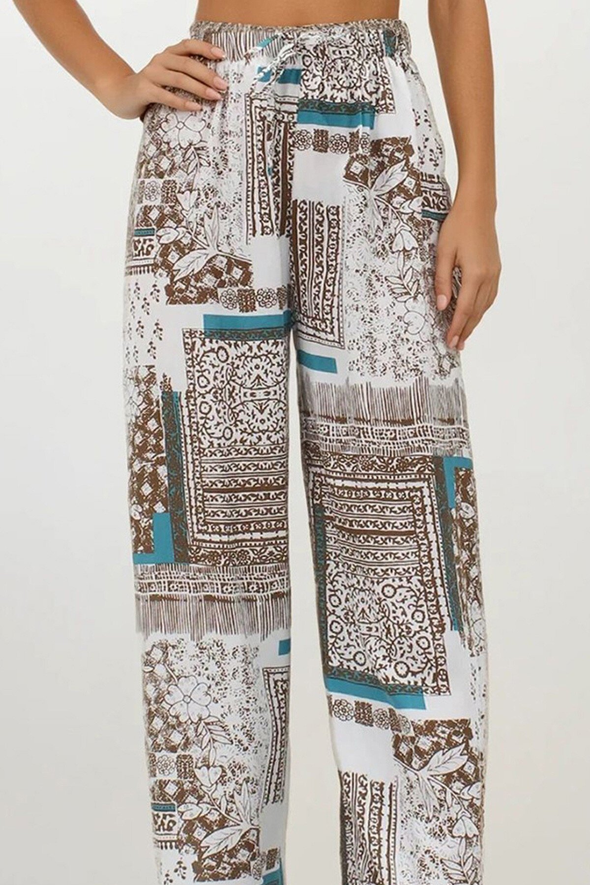 Kahverengi Beli Lastikli Keten Palazzo Desenli Pantolon