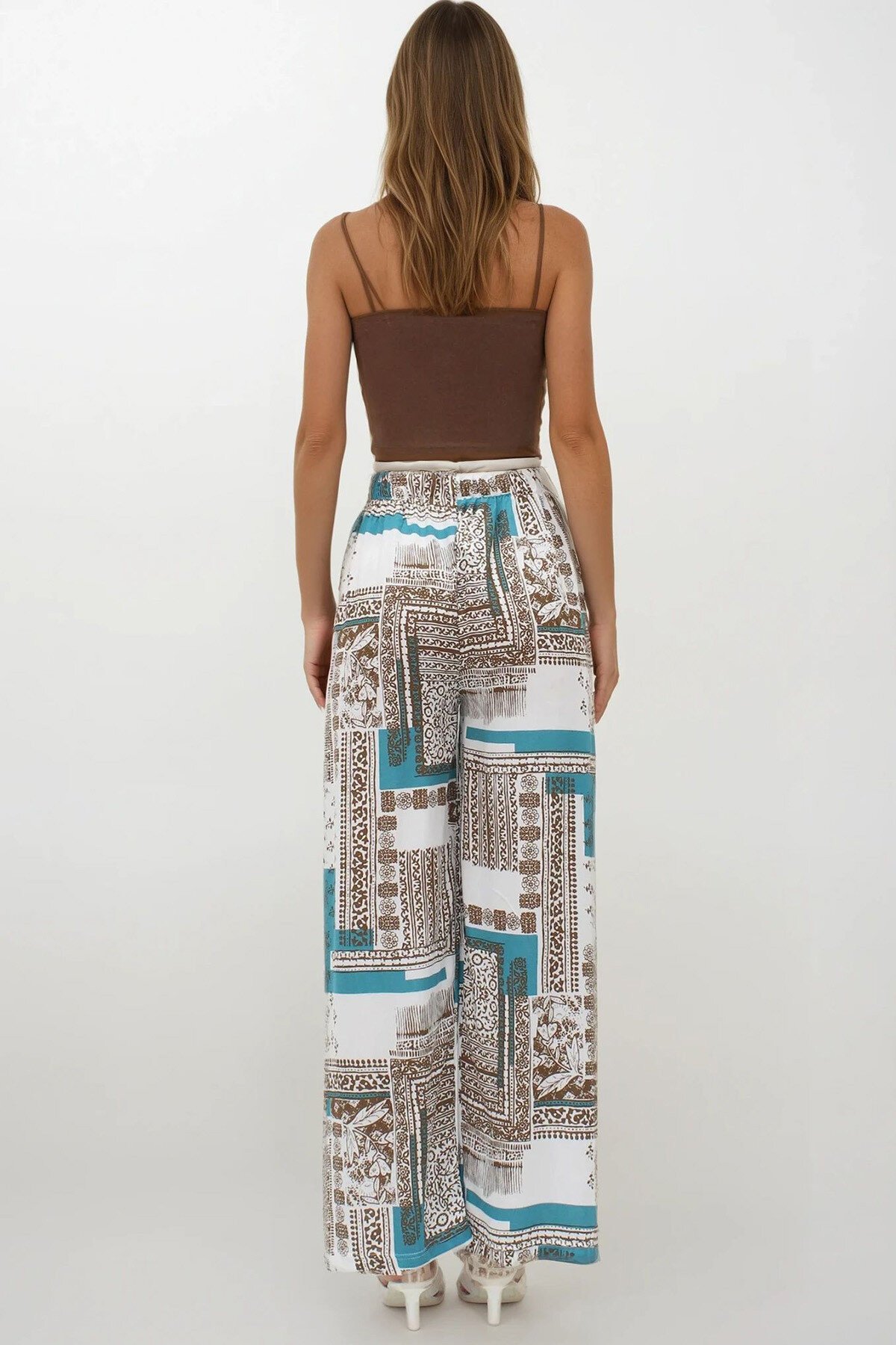 Kahverengi Beli Lastikli Keten Palazzo Desenli Pantolon