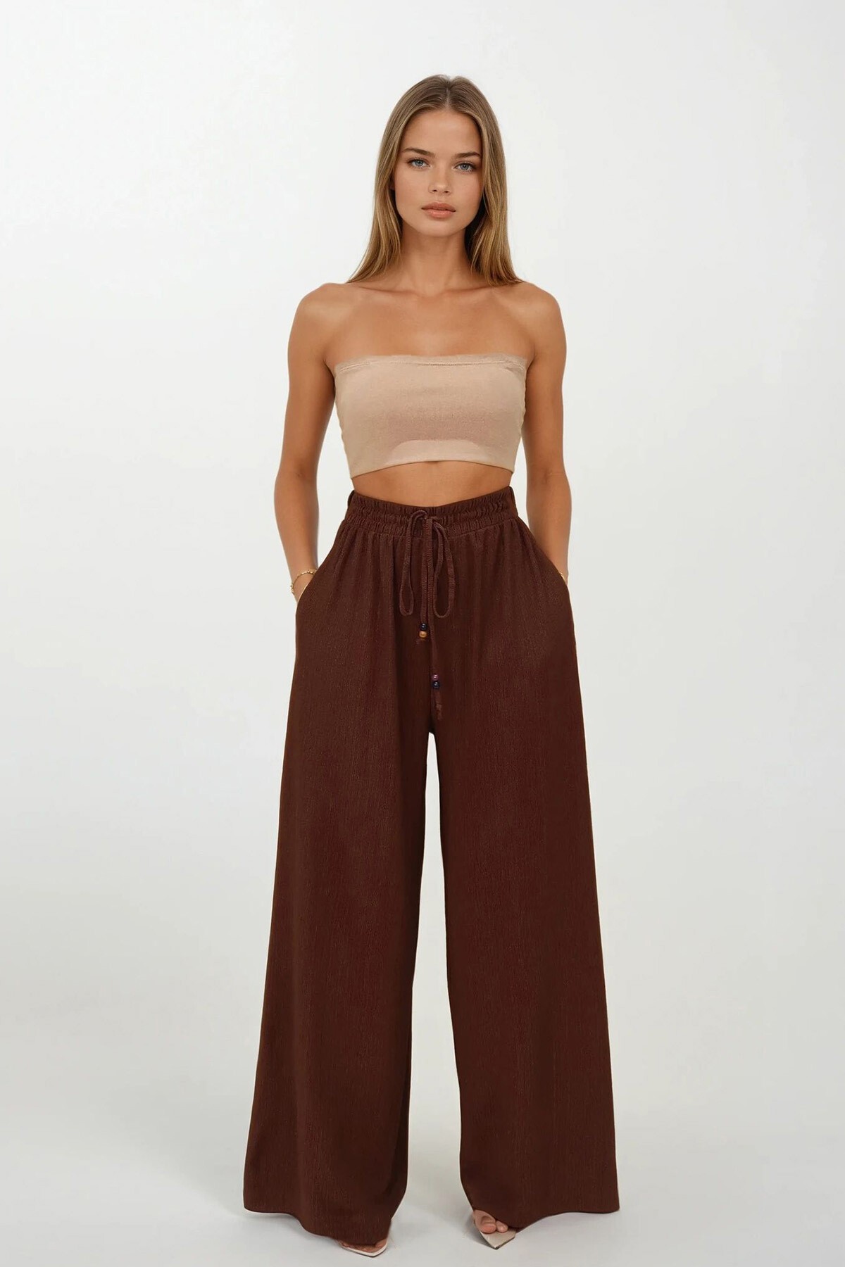 Kahverengi Çift Cepli Beli Lastikli Bağlamalı Palazzo Pantolon
