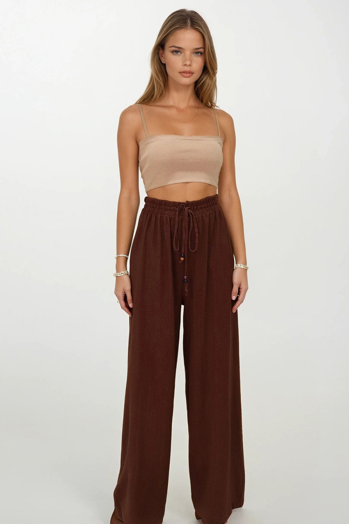 Kahverengi Çift Cepli Beli Lastikli Bağlamalı Palazzo Pantolon