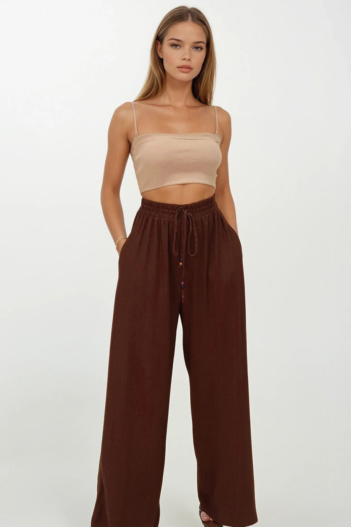 Kahverengi Çift Cepli Beli Lastikli Bağlamalı Palazzo Pantolon