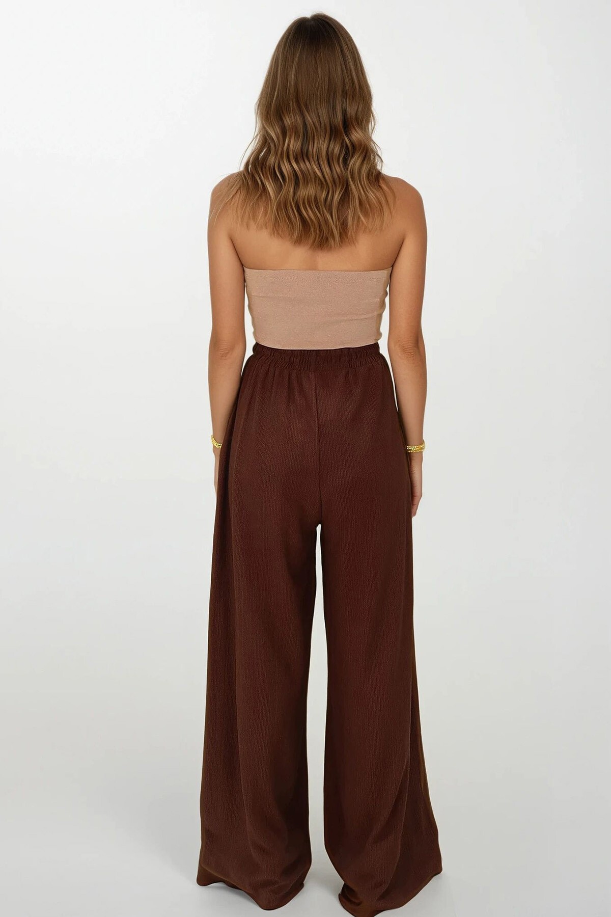 Kahverengi Çift Cepli Beli Lastikli Bağlamalı Palazzo Pantolon