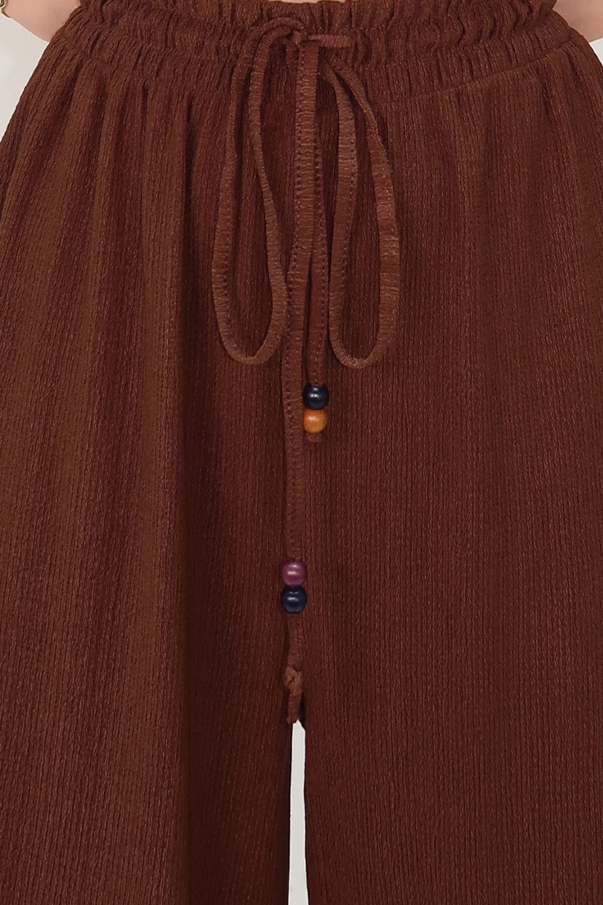 Kahverengi Çift Cepli Beli Lastikli Bağlamalı Palazzo Pantolon