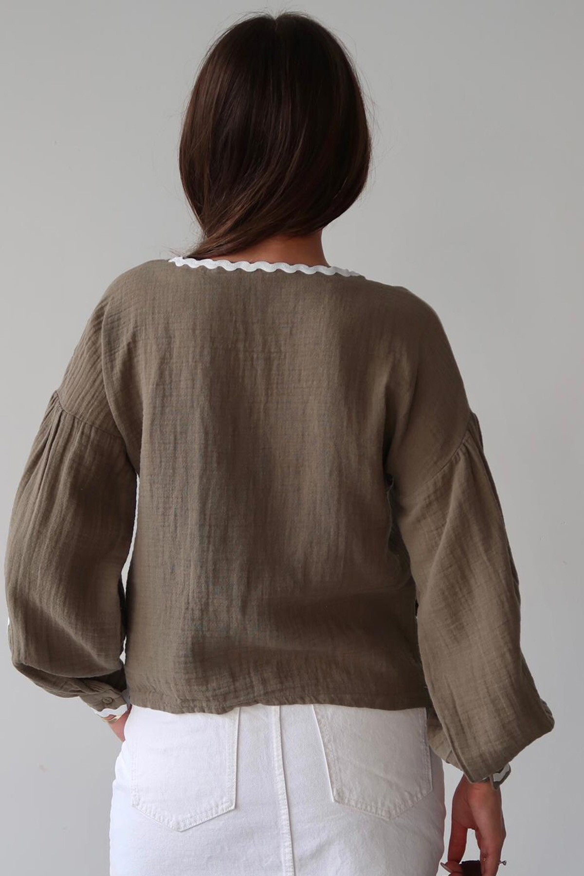 Haki Kalp Nakışlı Bağlamalı Mevsimlik Ceket