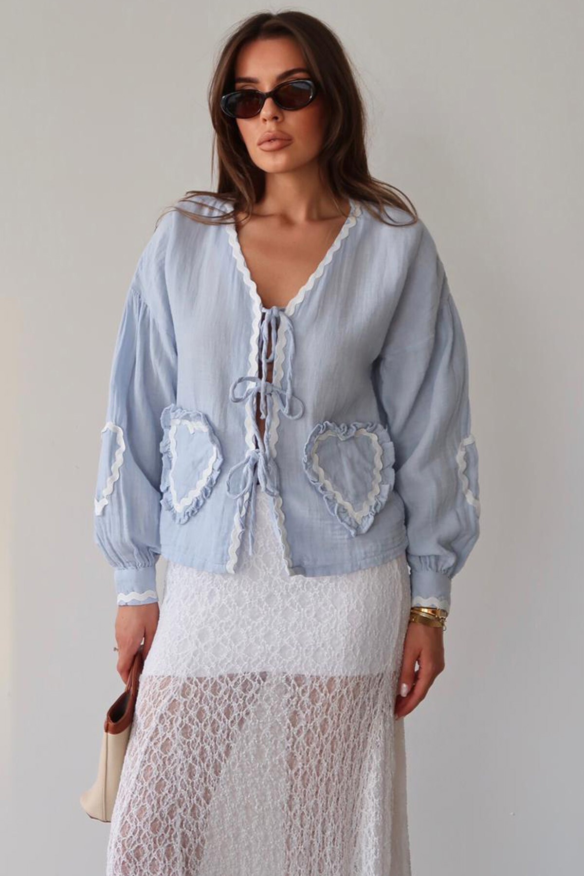 Mavi Kalp Nakışlı Bağlamalı Mevsimlik Ceket