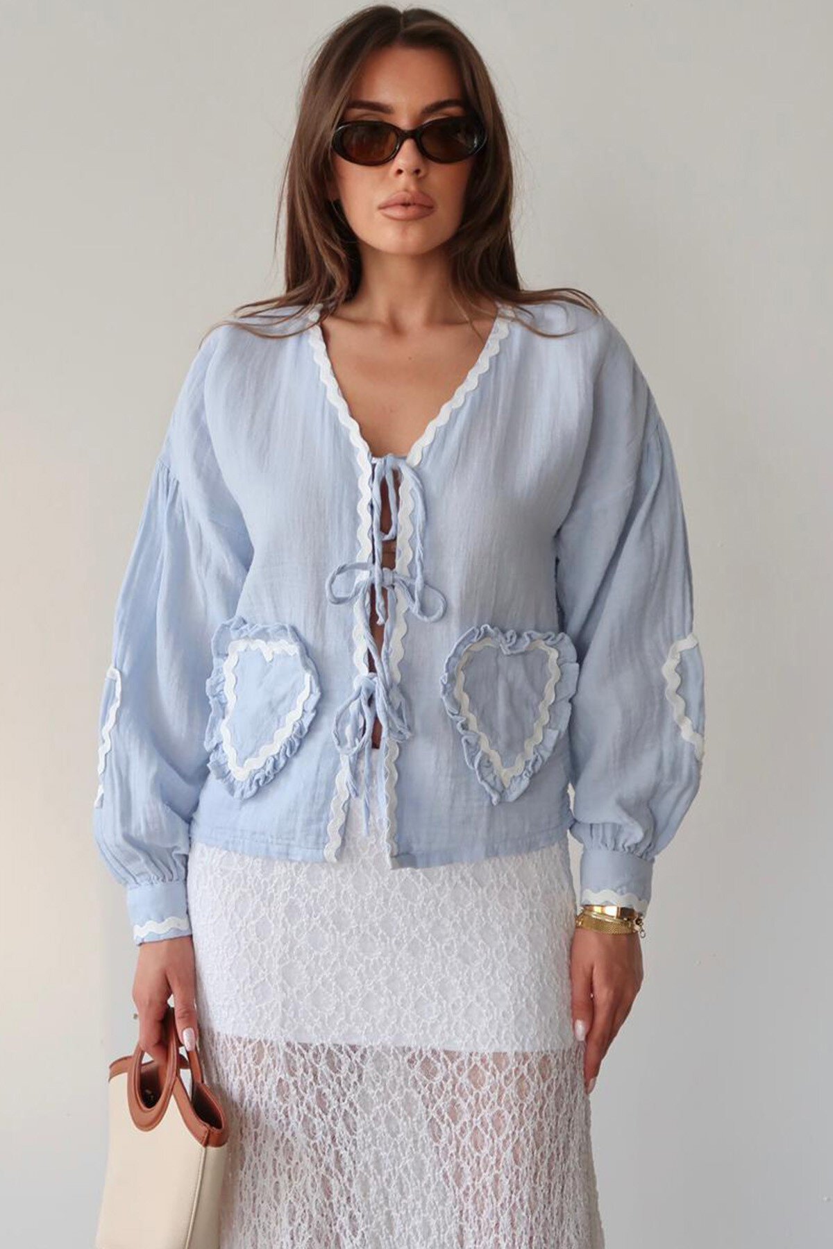 Mavi Kalp Nakışlı Bağlamalı Mevsimlik Ceket