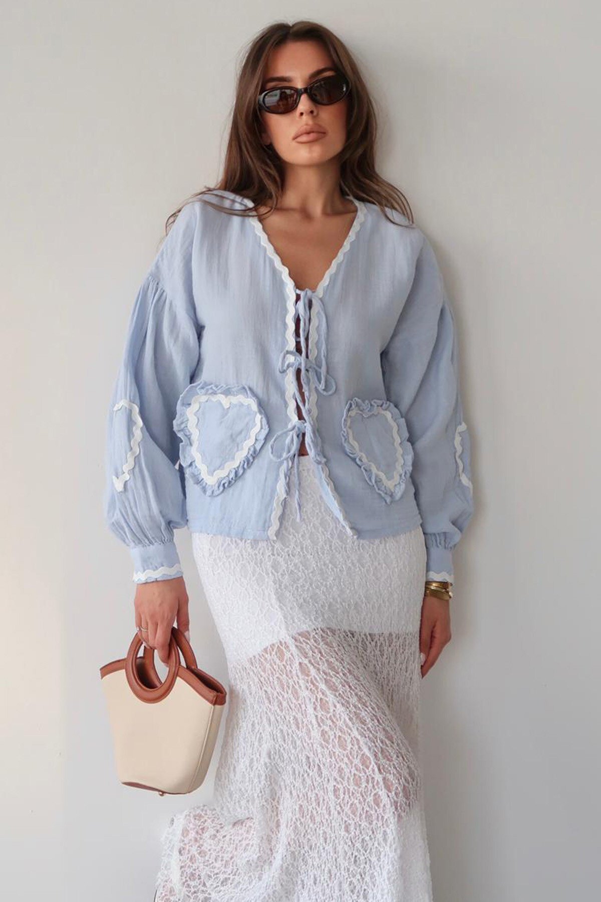 Mavi Kalp Nakışlı Bağlamalı Mevsimlik Ceket