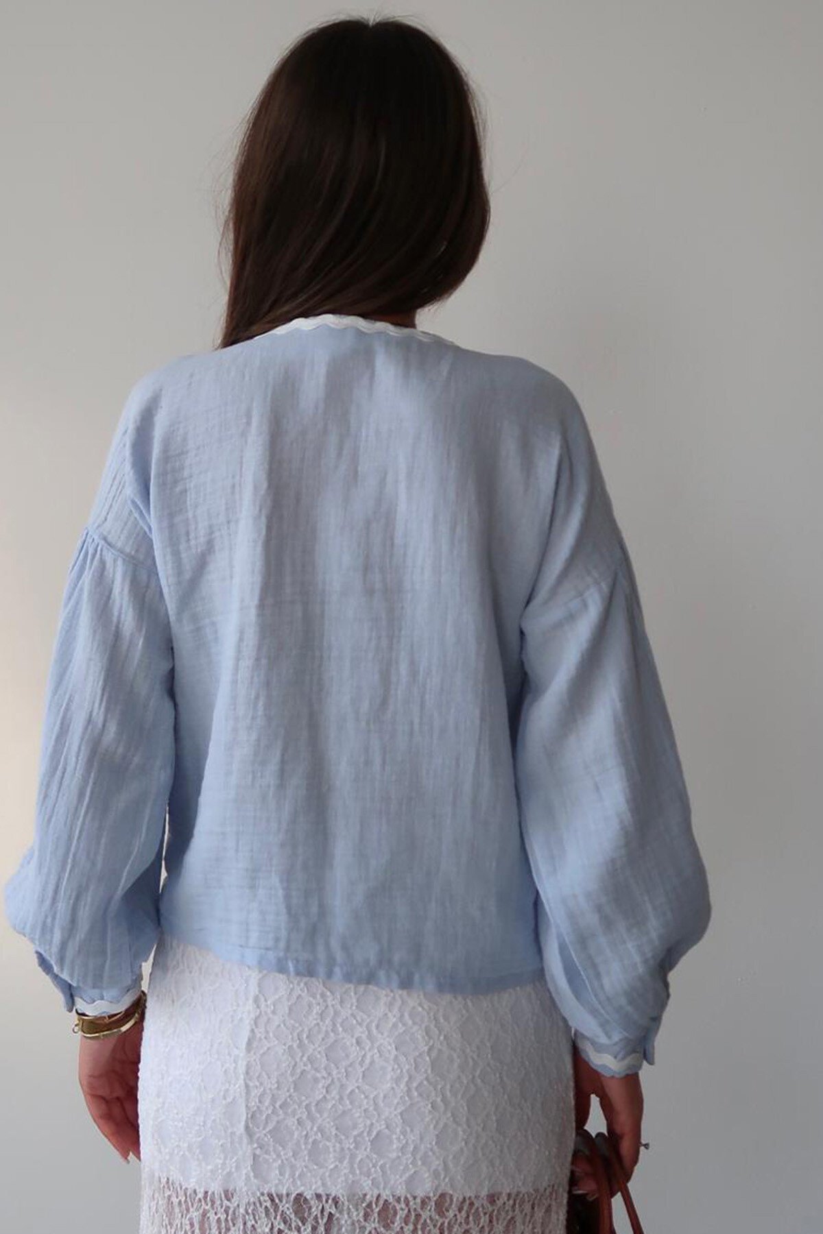 Mavi Kalp Nakışlı Bağlamalı Mevsimlik Ceket