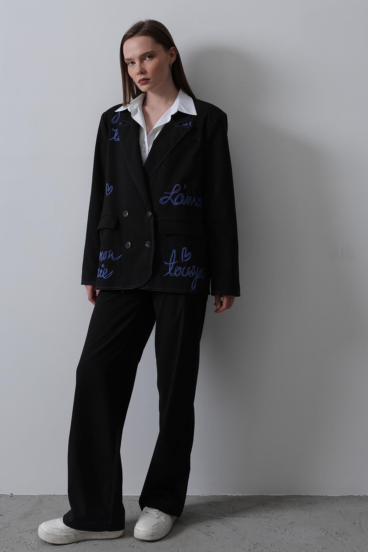 Siyah Nakış İşlemeli Blazer Ceket 