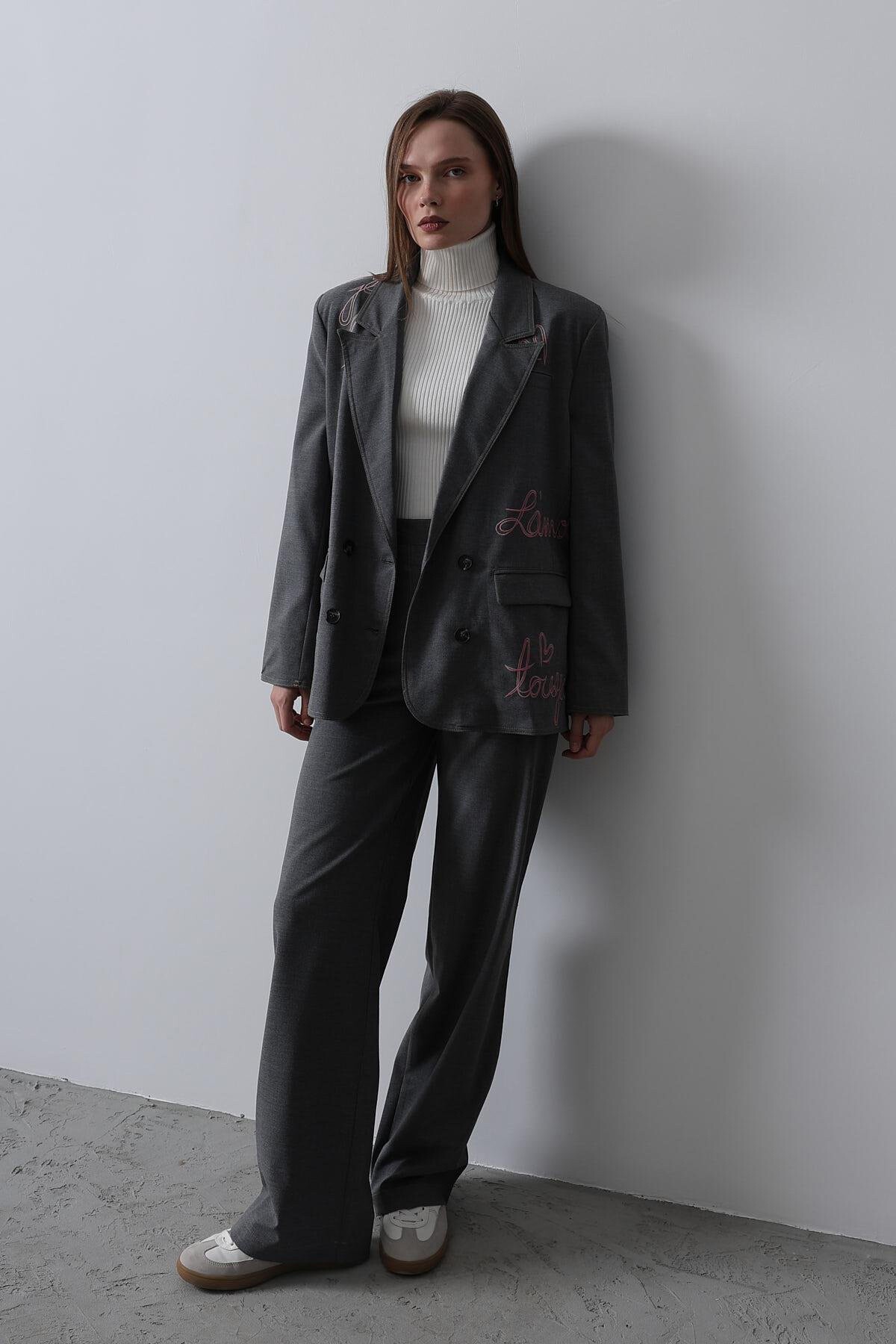 Antrasit Nakış İşlemeli Blazer Ceket 