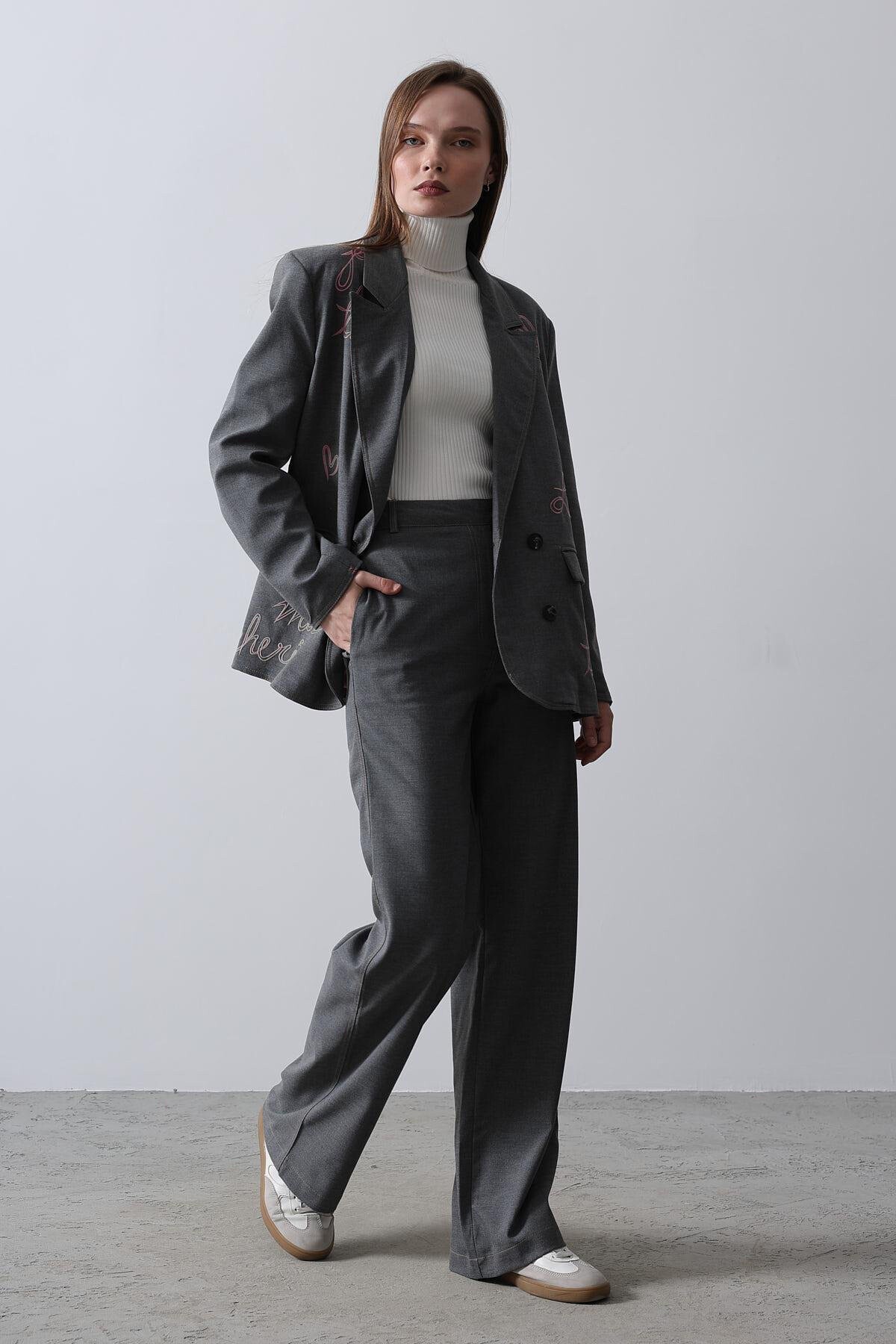 Antrasit Nakış İşlemeli Blazer Ceket 