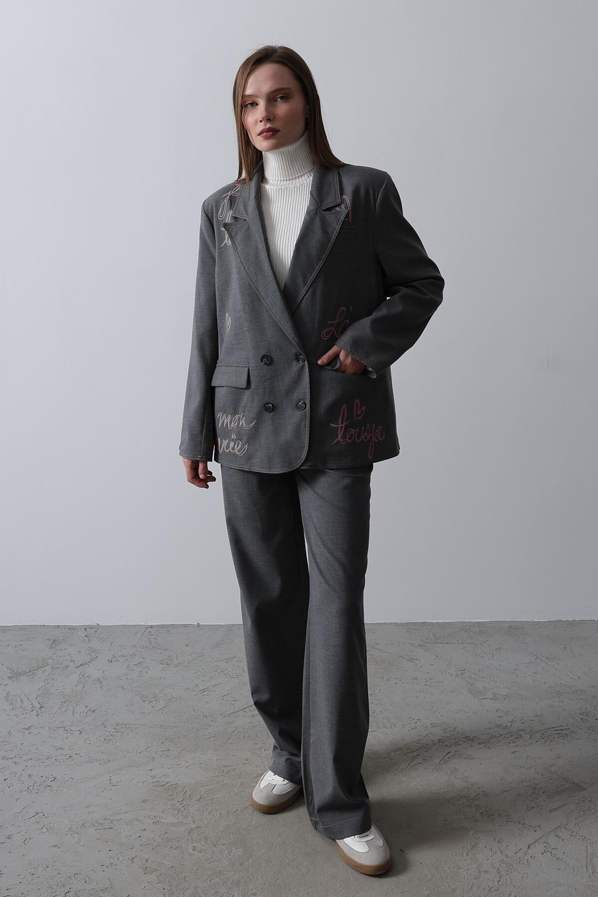 Antrasit Nakış İşlemeli Blazer Ceket 