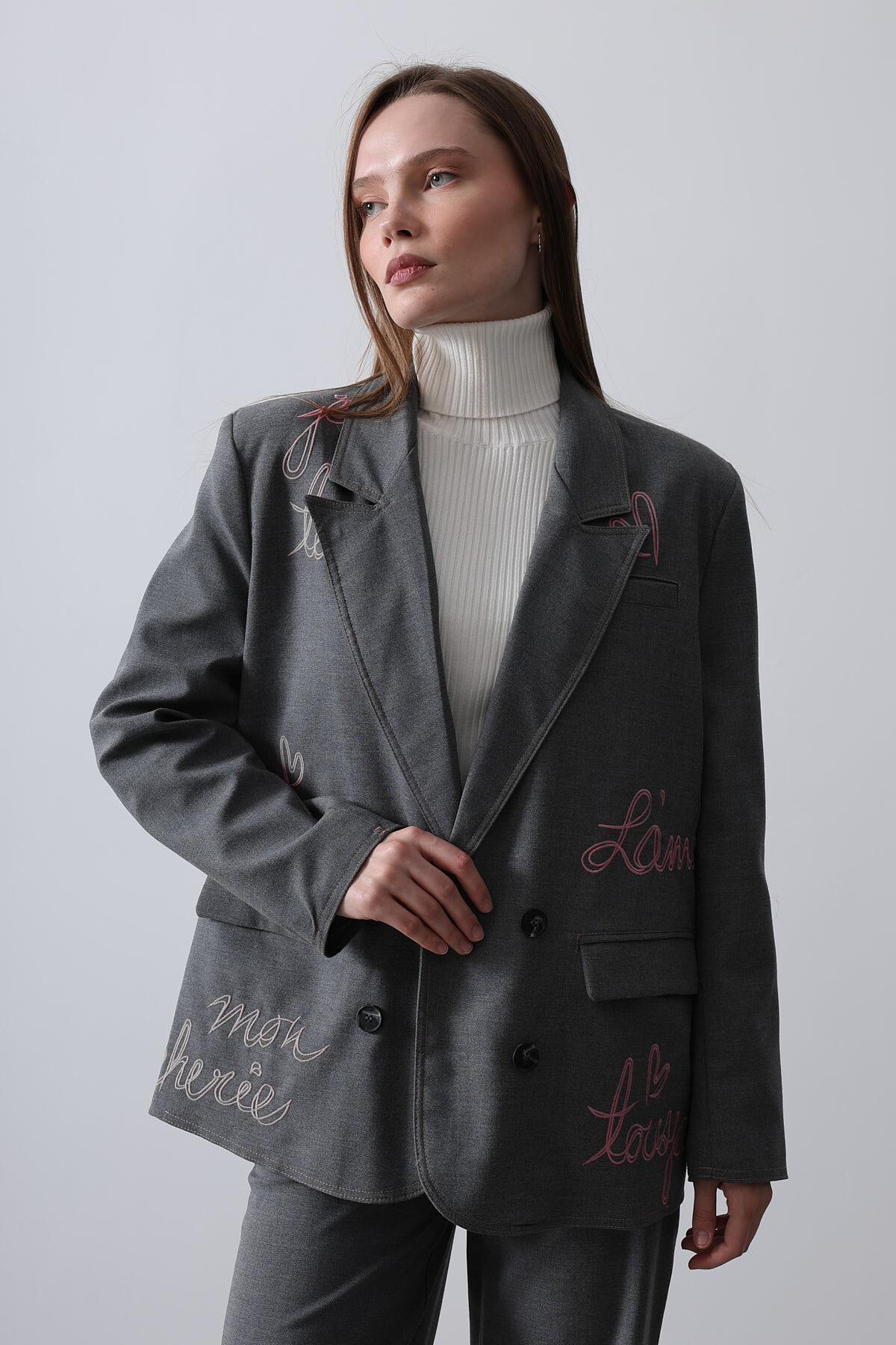 Antrasit Nakış İşlemeli Blazer Ceket 