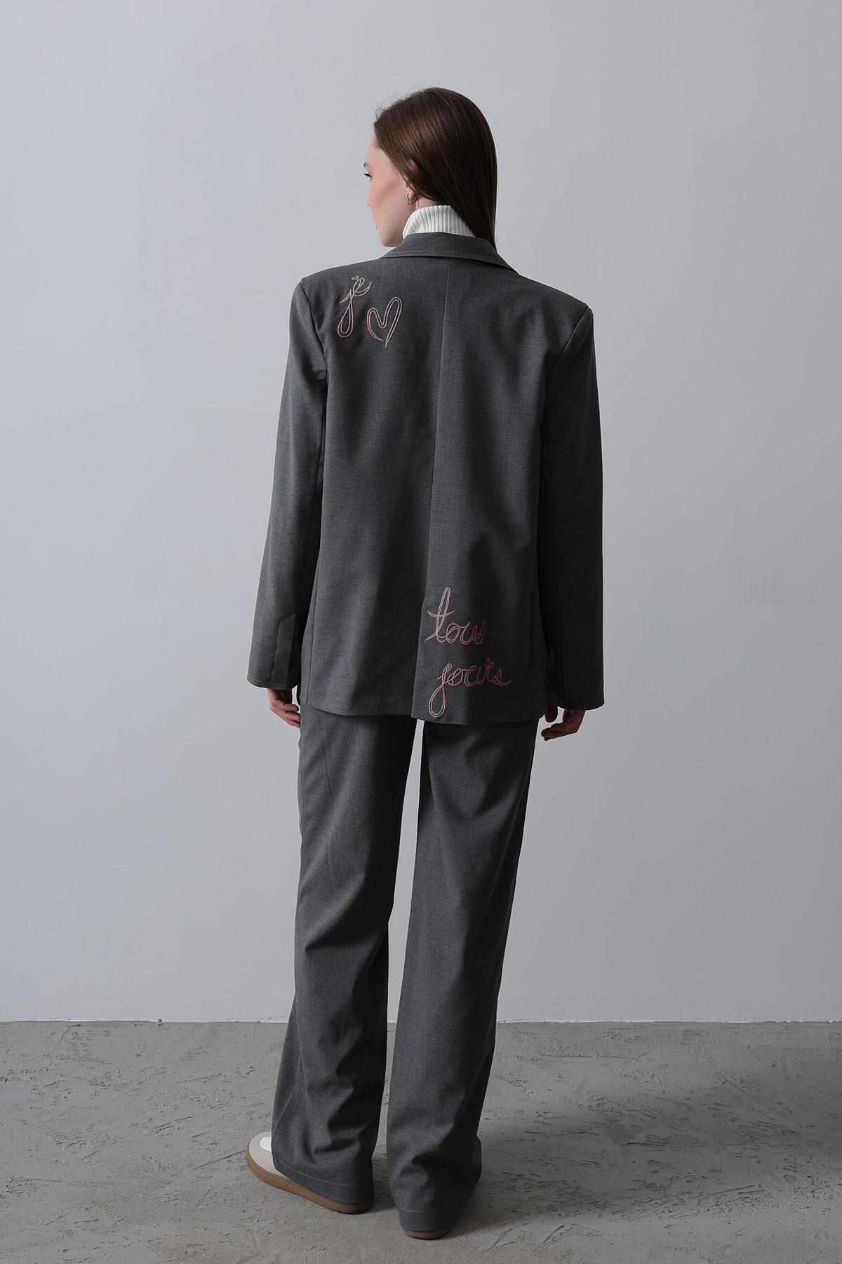 Antrasit Nakış İşlemeli Blazer Ceket 