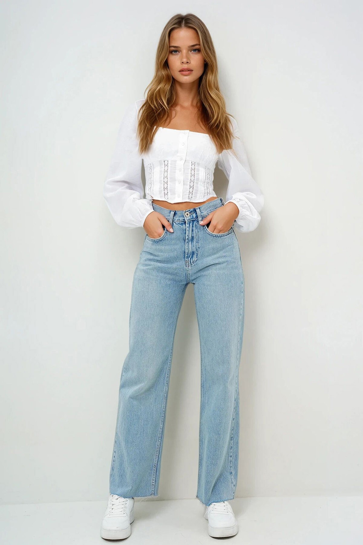 Kar Yıkamalı Mavi Yüksek Bel Yıkamalı Paçası Püsküllü Palazzo Jean Pantolon