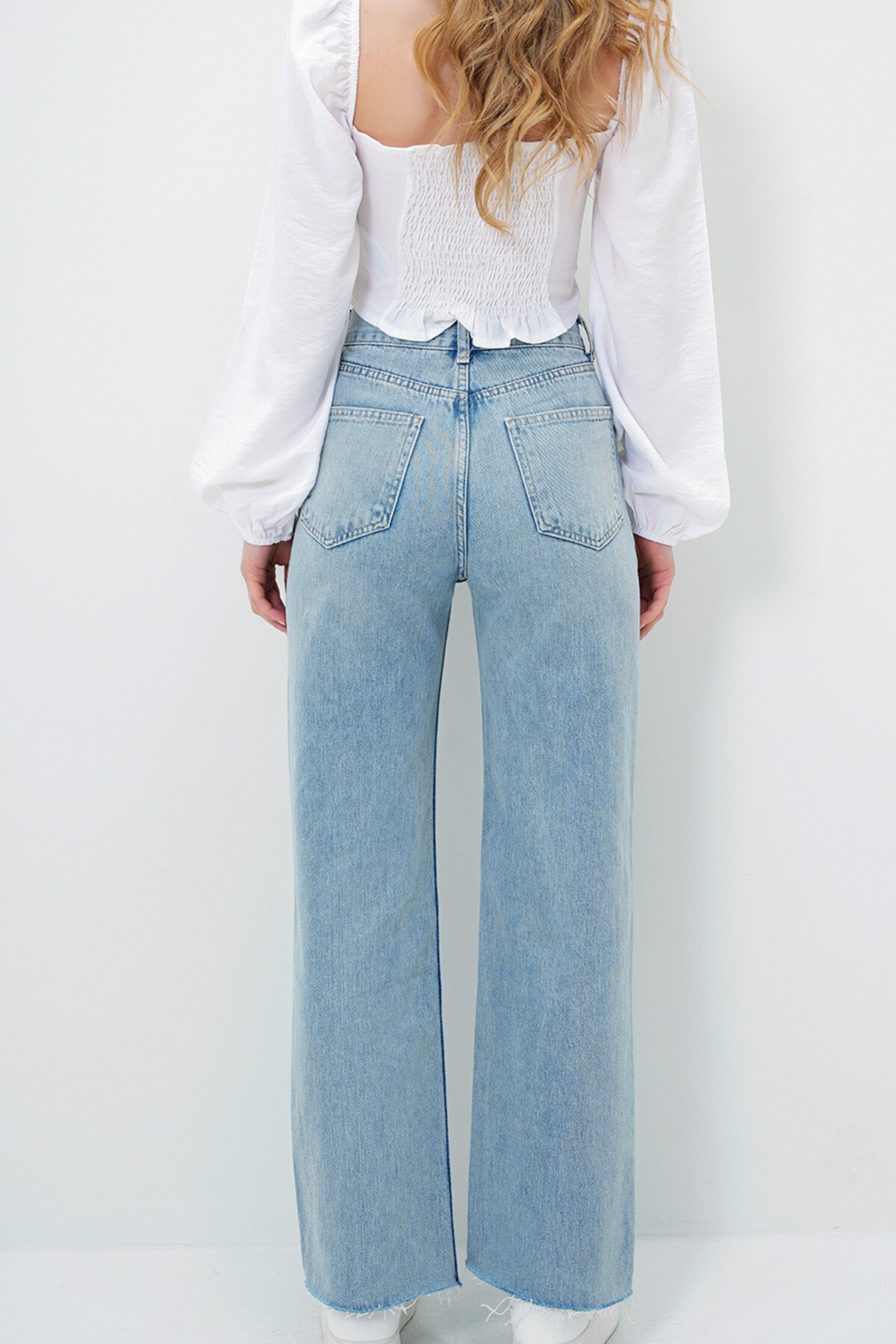 Kar Yıkamalı Mavi Yüksek Bel Yıkamalı Paçası Püsküllü Palazzo Jean Pantolon