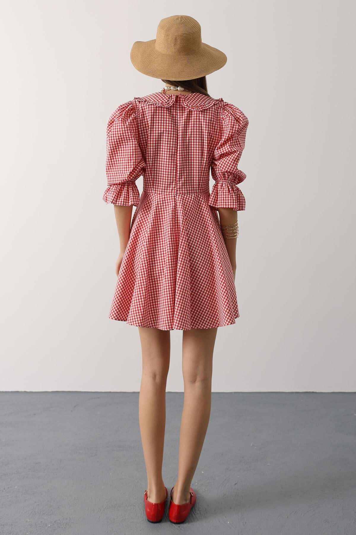 Kırmızı Bebe Yaka Kolları Lastikli Mini Boy Elbise