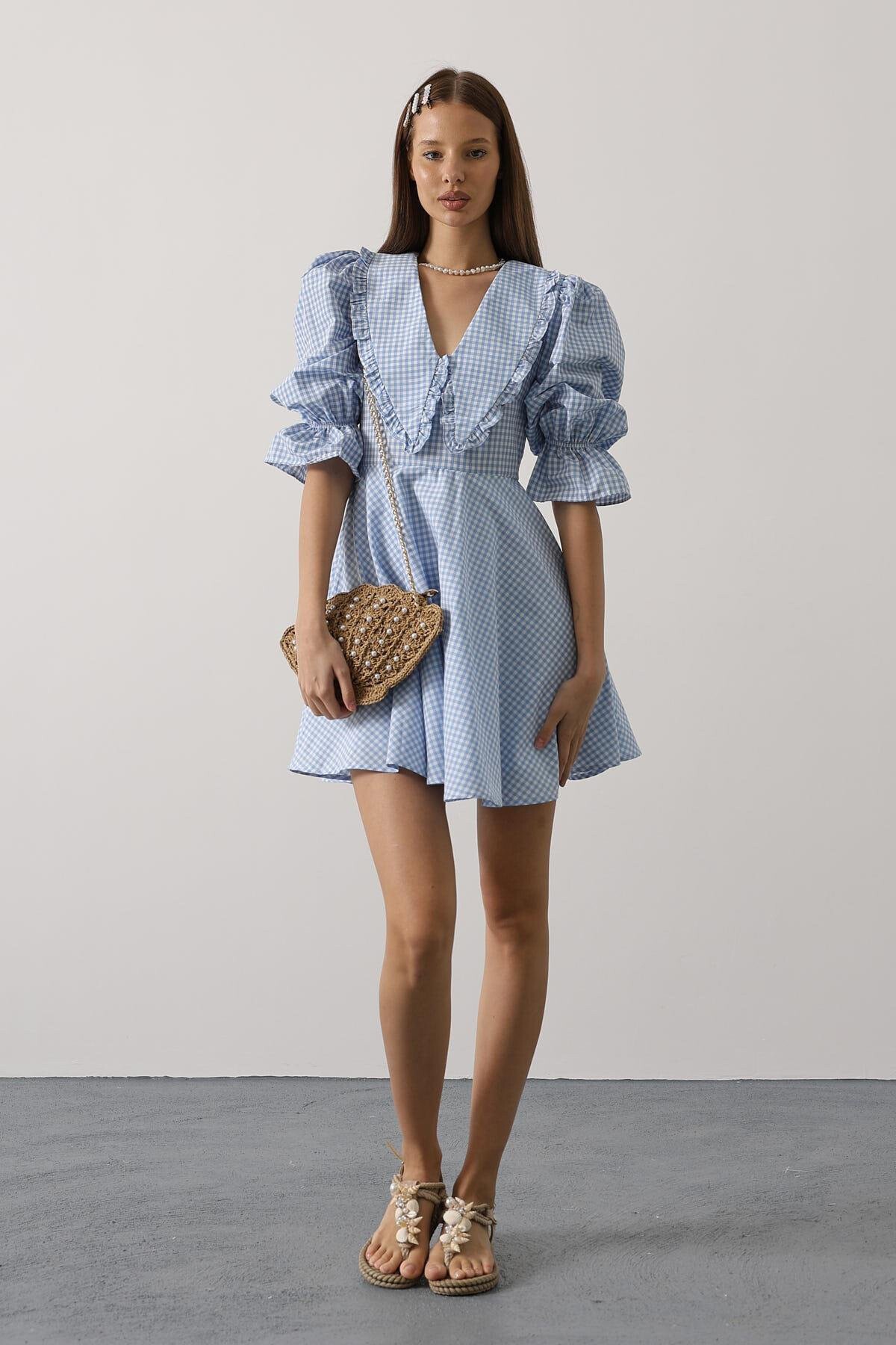 Mavi Bebe Yaka Kolları Lastikli Mini Boy Elbise