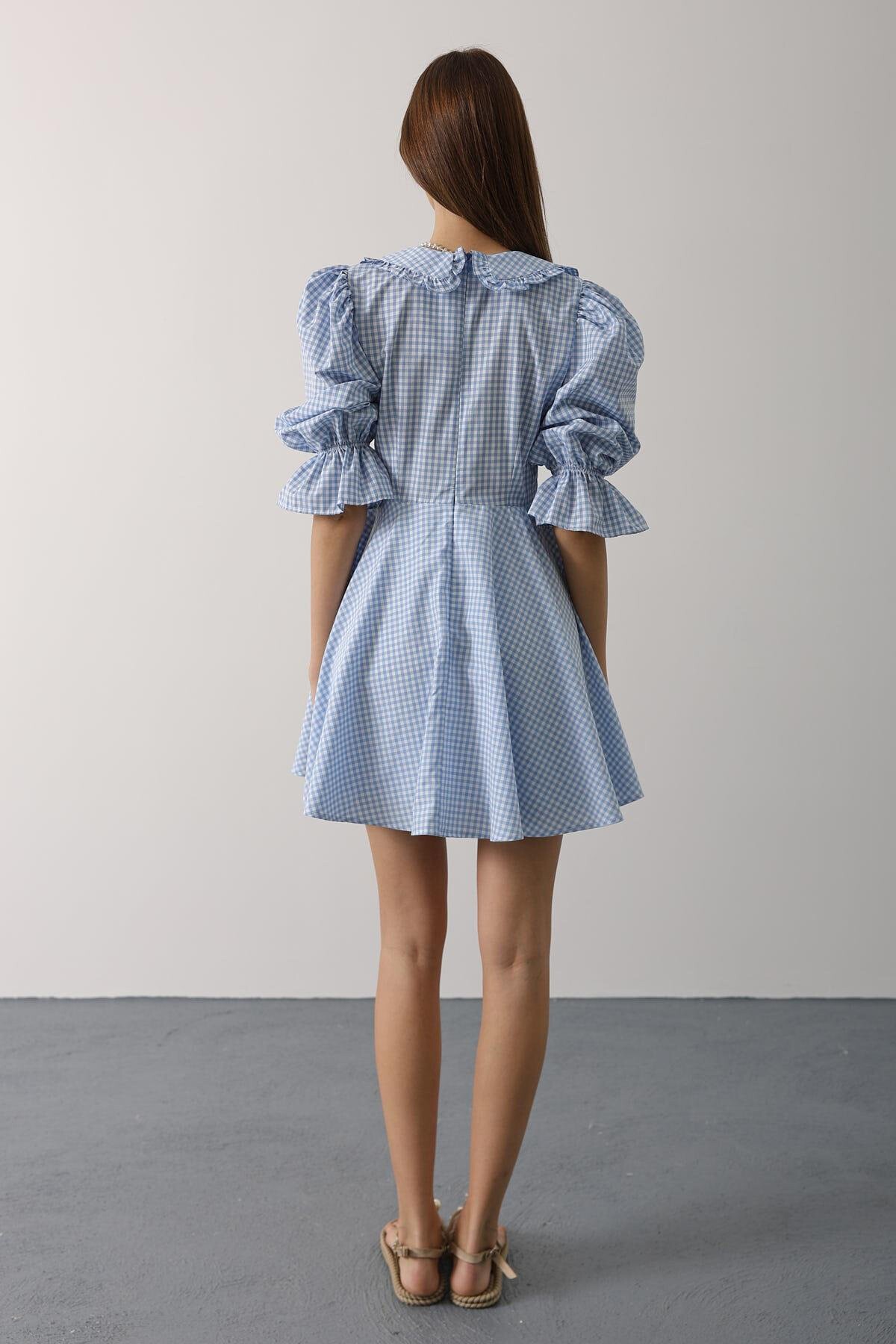 Mavi Bebe Yaka Kolları Lastikli Mini Boy Elbise