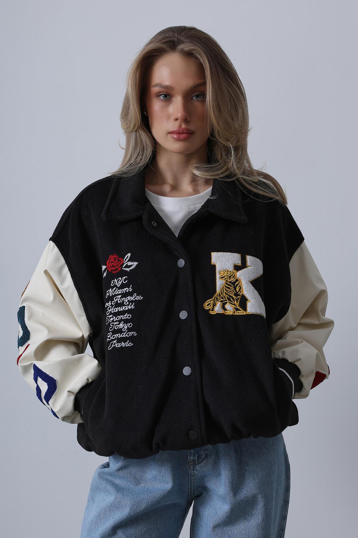 Siyah Gömlek Yaka Baskılı Kaşe Biker Ceket