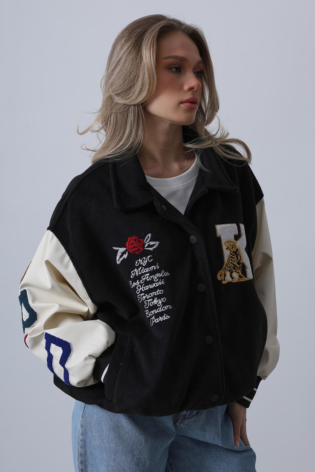 Siyah Gömlek Yaka Baskılı Kaşe Biker Ceket