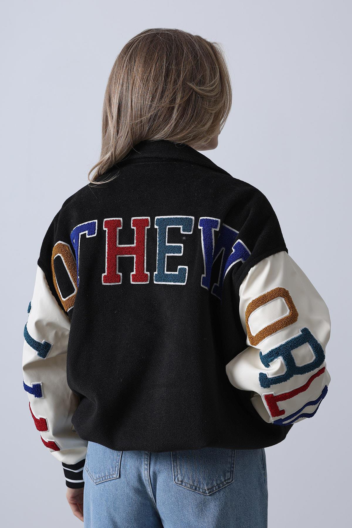 Siyah Gömlek Yaka Baskılı Kaşe Biker Ceket