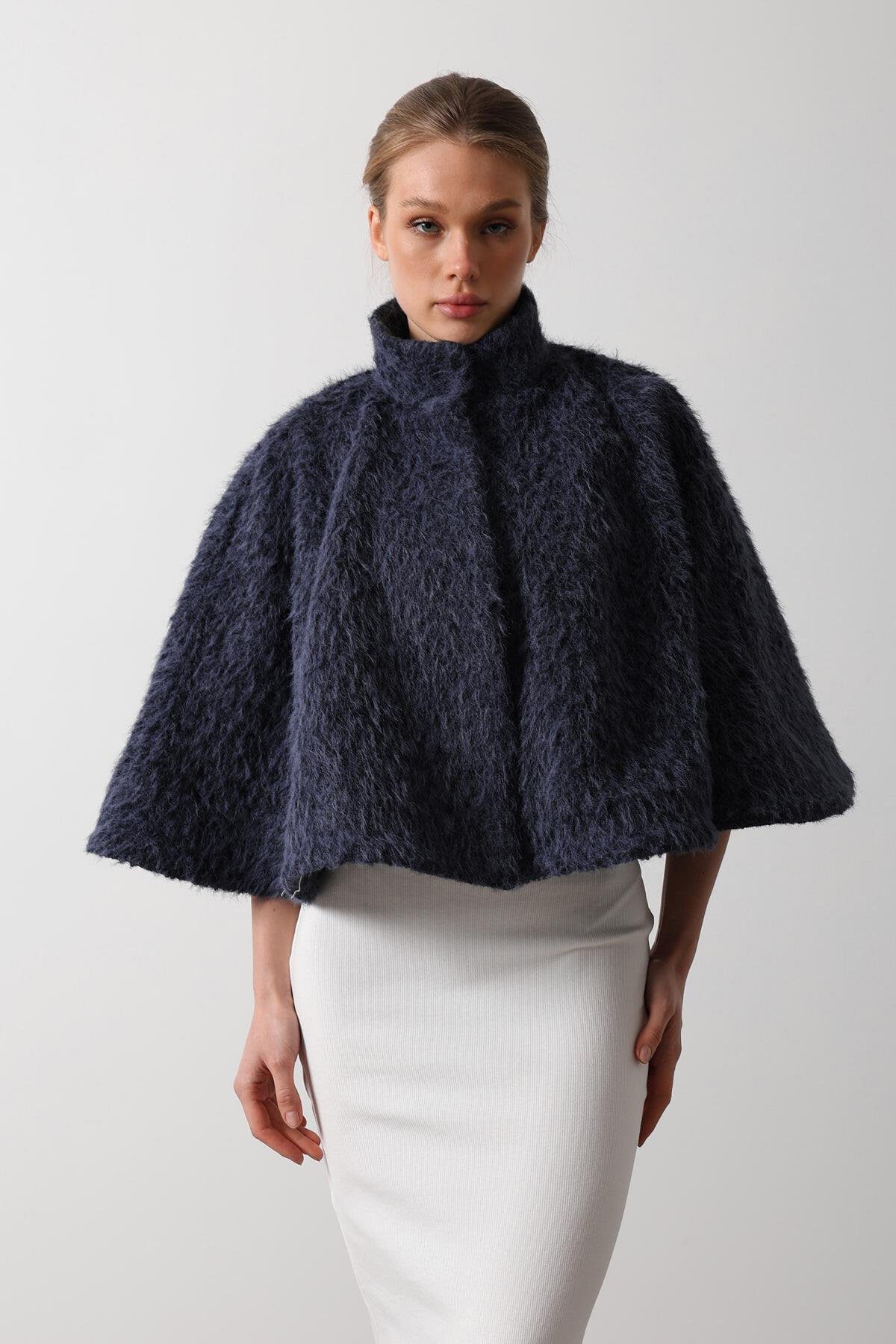 İndigo Düğme Kapamalı Astarlı Kaşe Panço