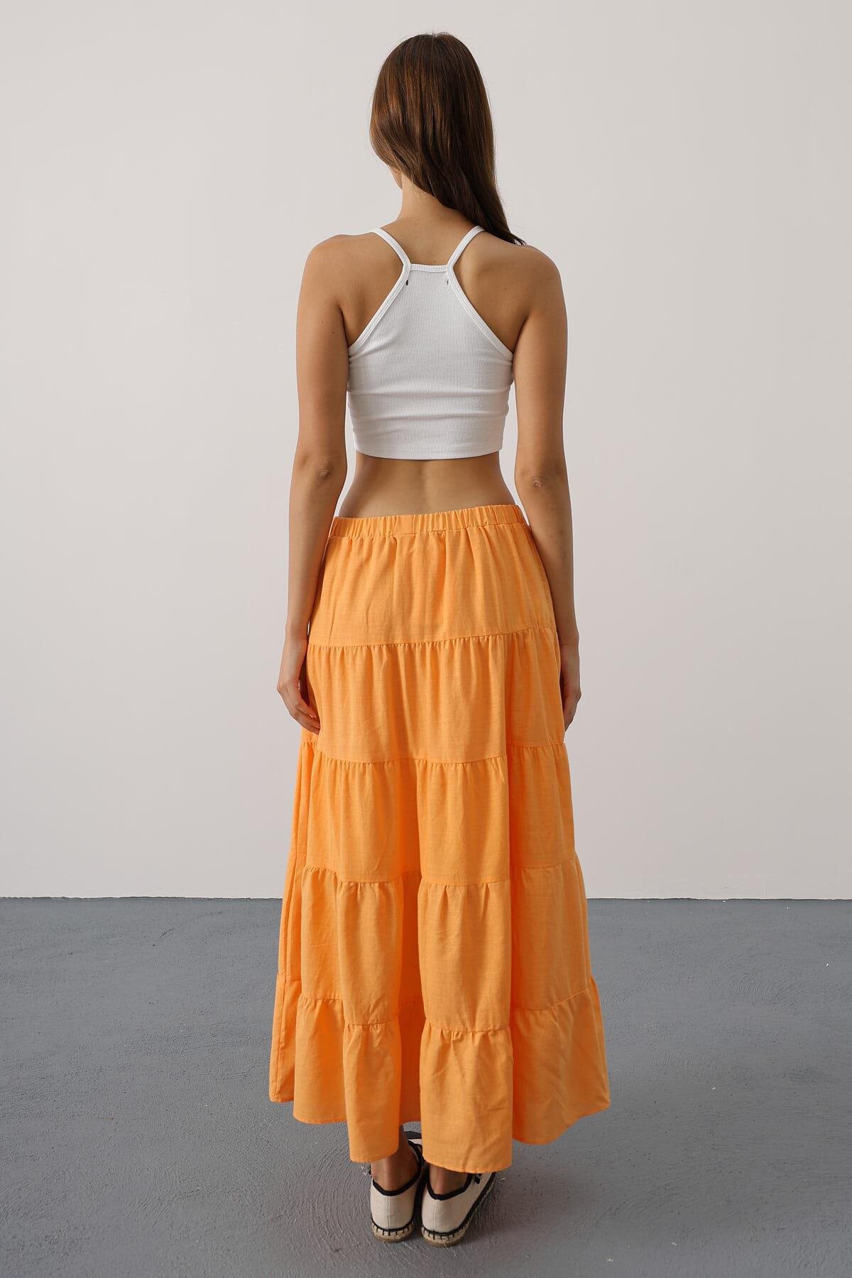 Sarı Beli Lastikli Fırfırlı Midi Boy Keten Etek