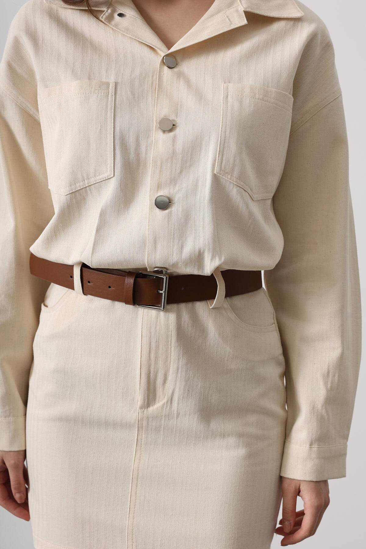 Krem Kemer Detaylı Balıksırtı Gömlek Elbise