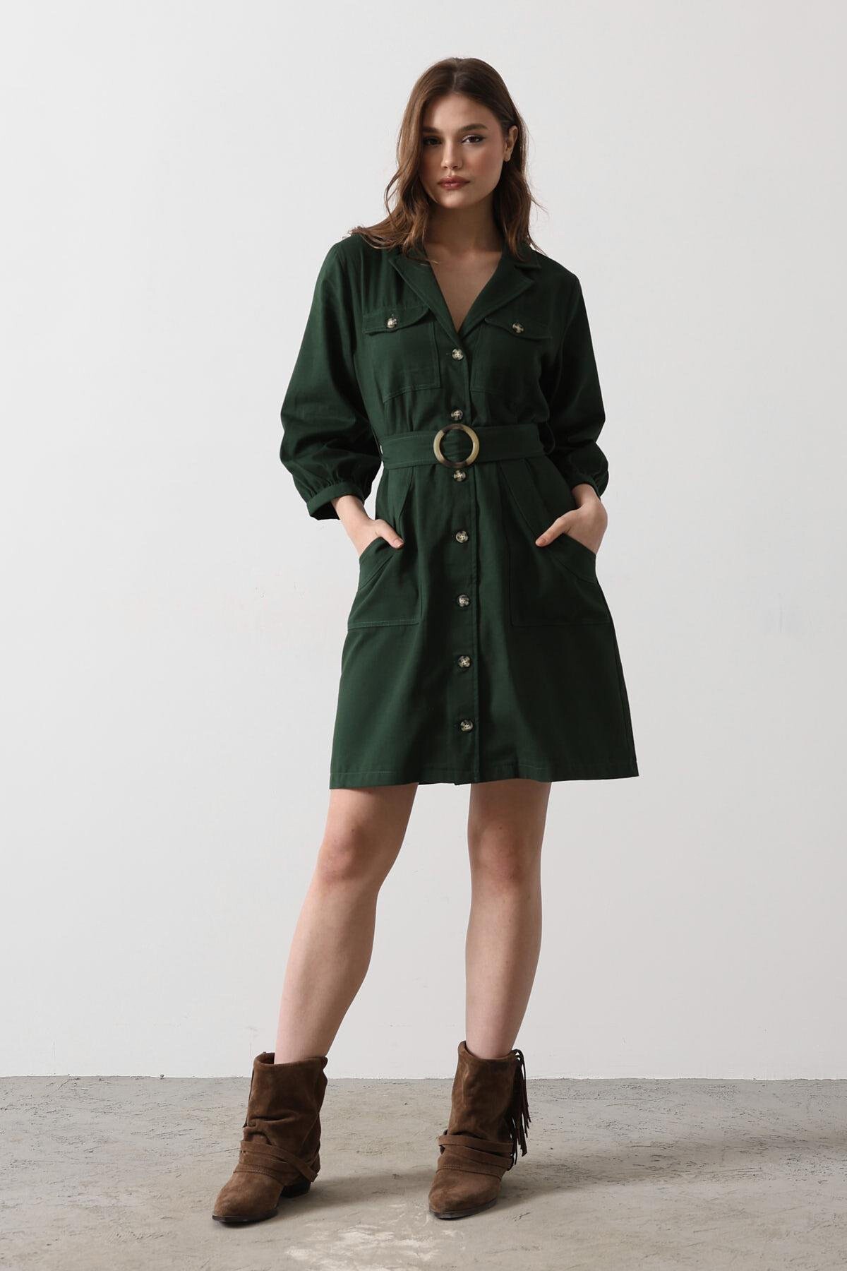 Haki 4 Cepli Gömlek Yaka Kemer Detaylı Gabardin Elbise