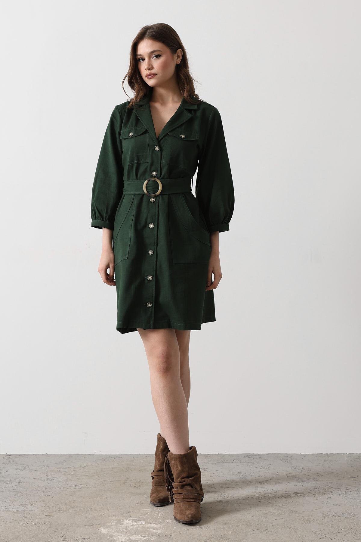 Haki 4 Cepli Gömlek Yaka Kemer Detaylı Gabardin Elbise