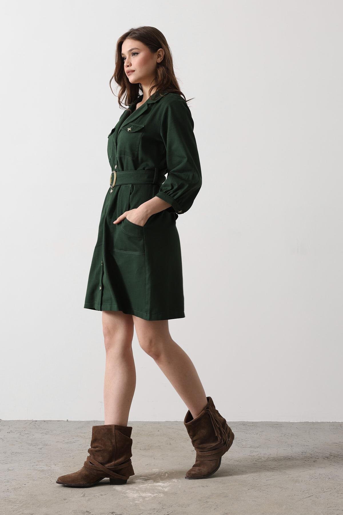 Haki 4 Cepli Gömlek Yaka Kemer Detaylı Gabardin Elbise