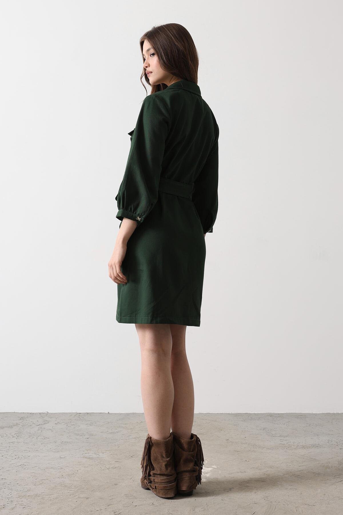 Haki 4 Cepli Gömlek Yaka Kemer Detaylı Gabardin Elbise