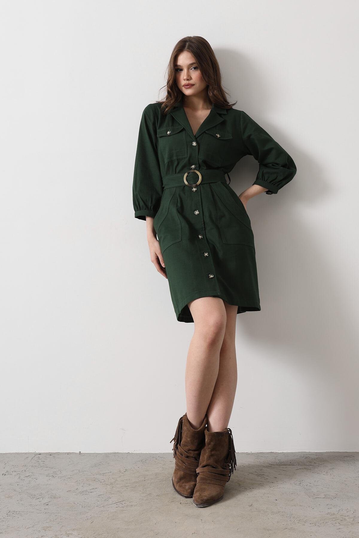 Haki 4 Cepli Gömlek Yaka Kemer Detaylı Gabardin Elbise