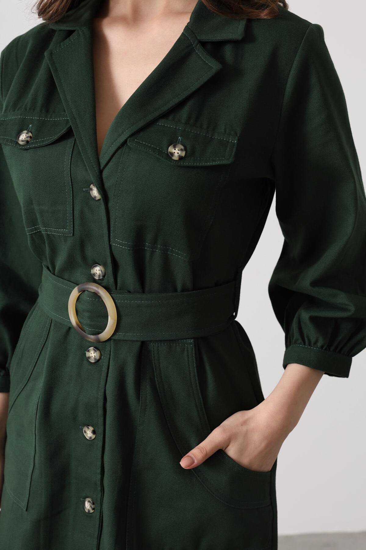 Haki 4 Cepli Gömlek Yaka Kemer Detaylı Gabardin Elbise