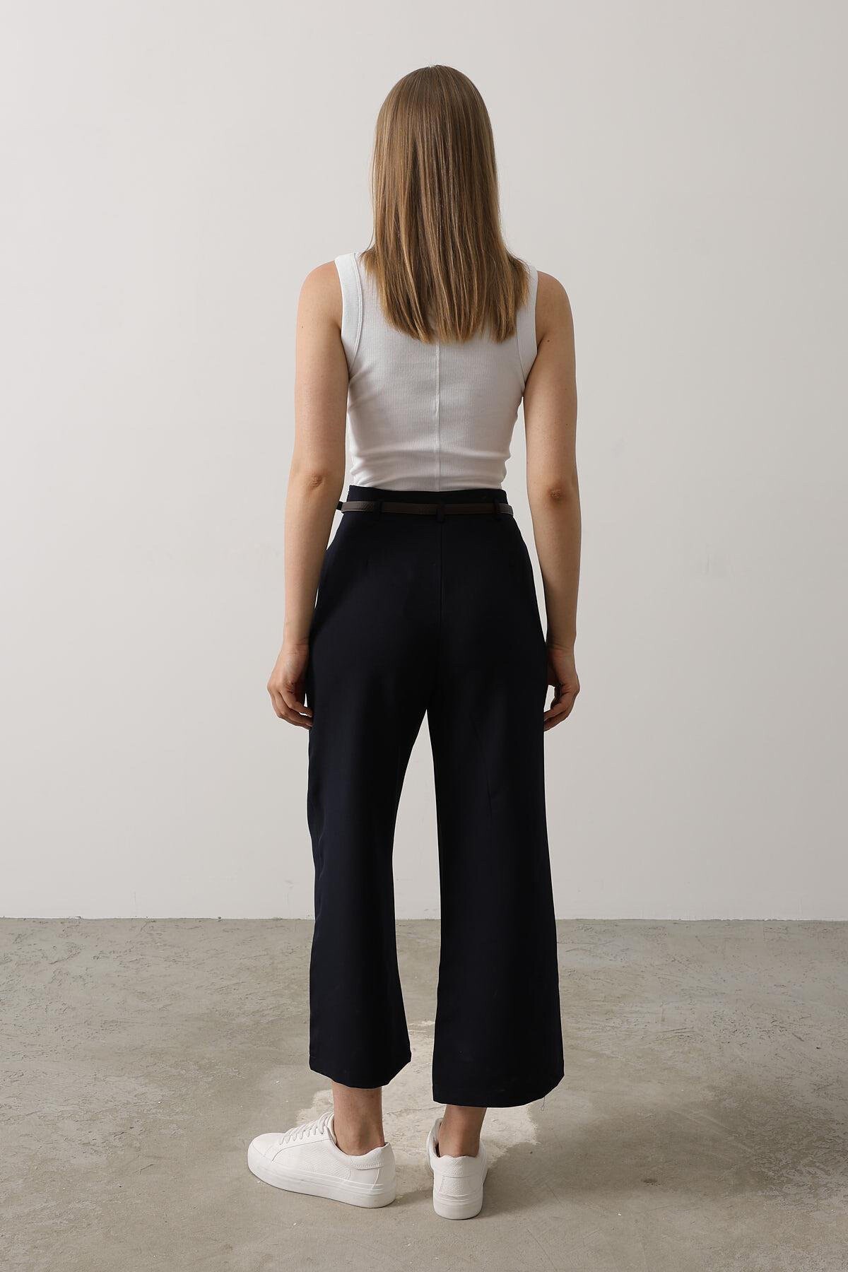 Lacivert Kemerli Pens Detaylı Fermuarlı Pantolon