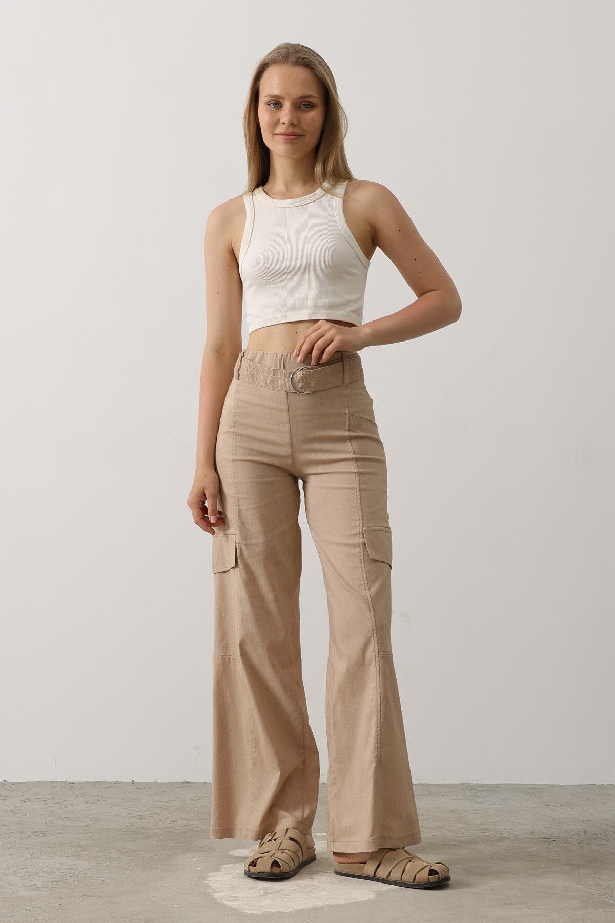 Taş Kemerli Kargo Cepli Palazzo Pantolon