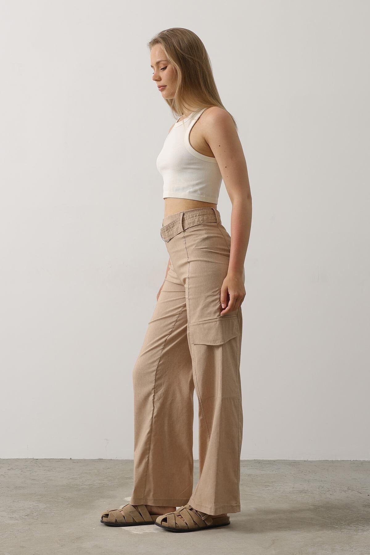 Taş Kemerli Kargo Cepli Palazzo Pantolon