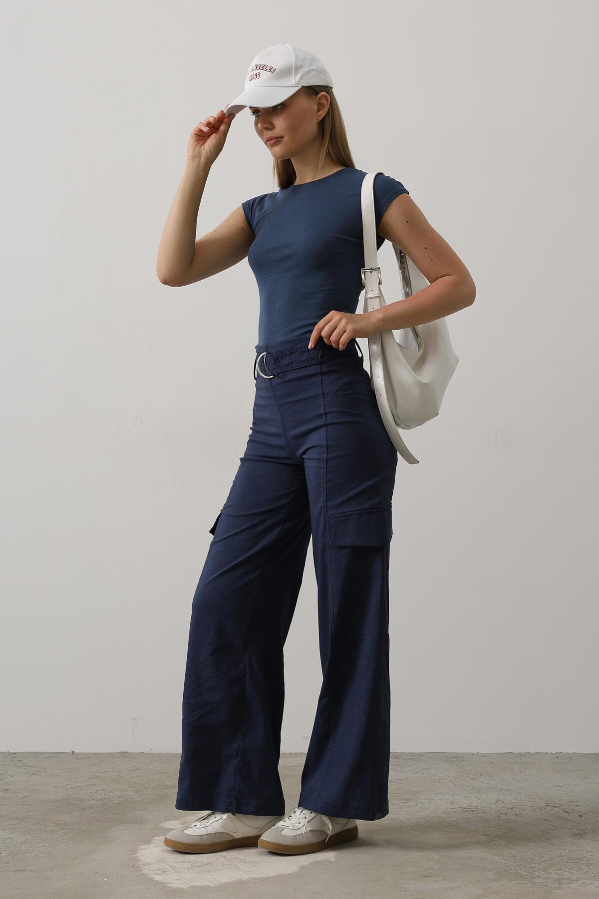 İndigo Kemerli Kargo Cepli Palazzo Pantolon