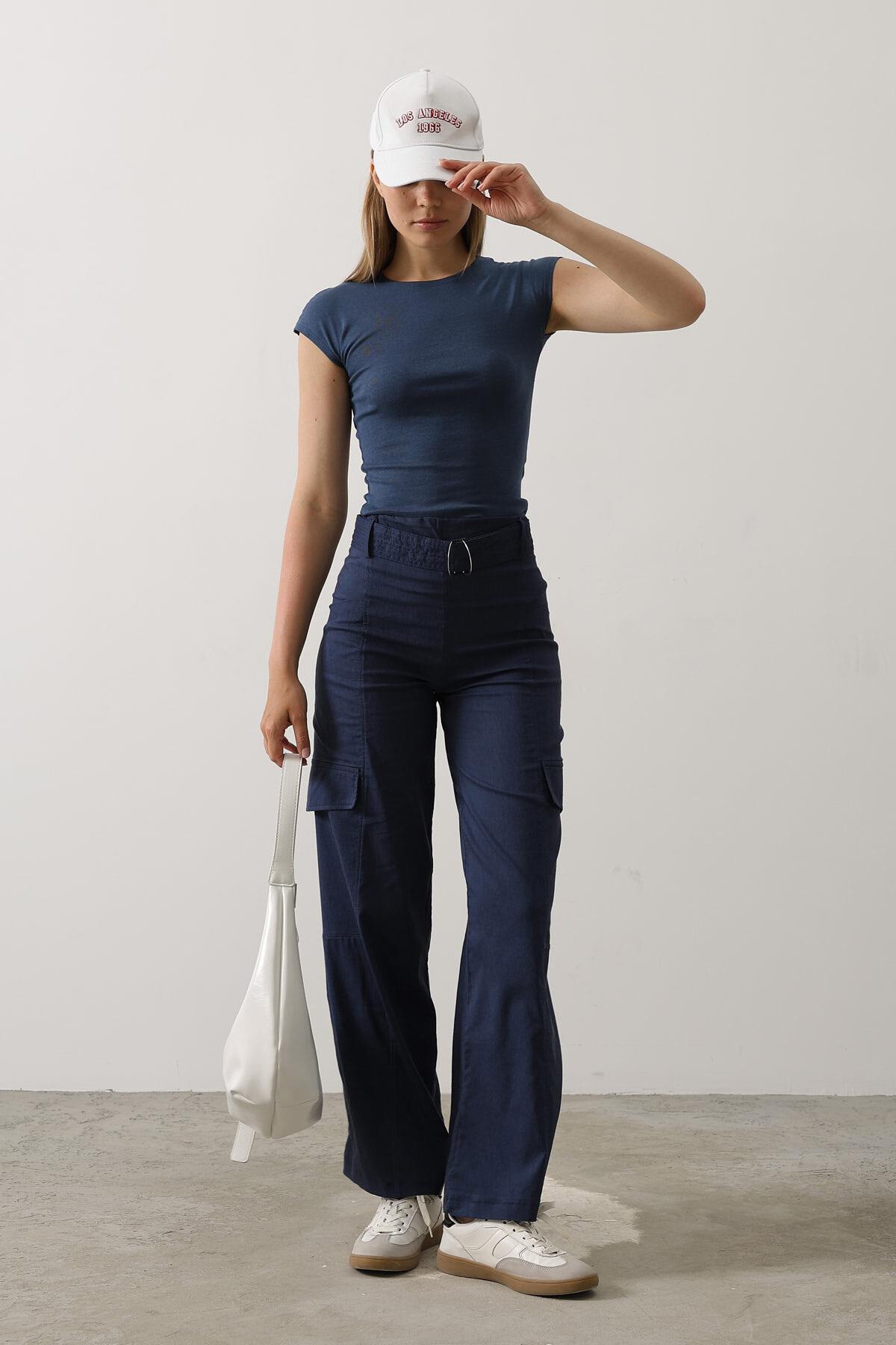 İndigo Kemerli Kargo Cepli Palazzo Pantolon