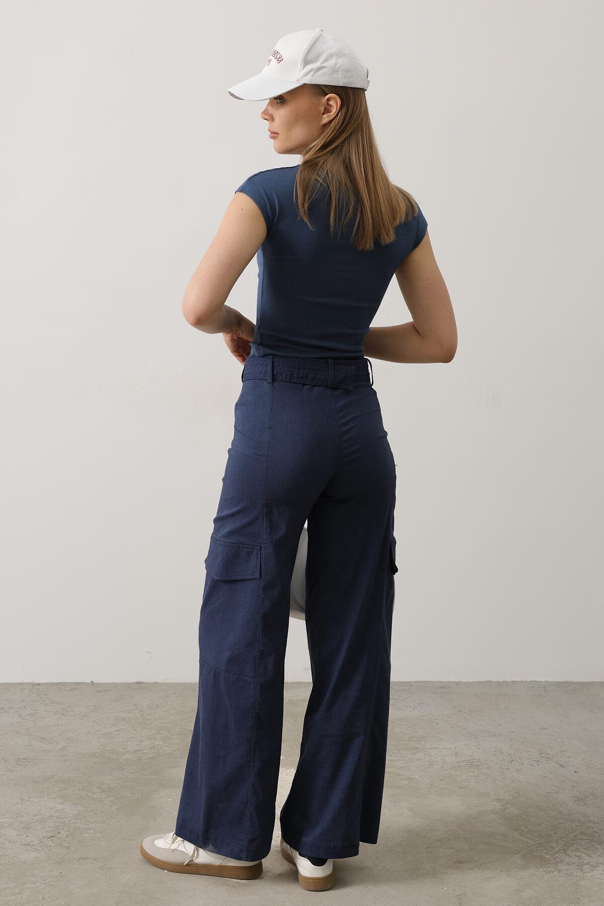 İndigo Kemerli Kargo Cepli Palazzo Pantolon