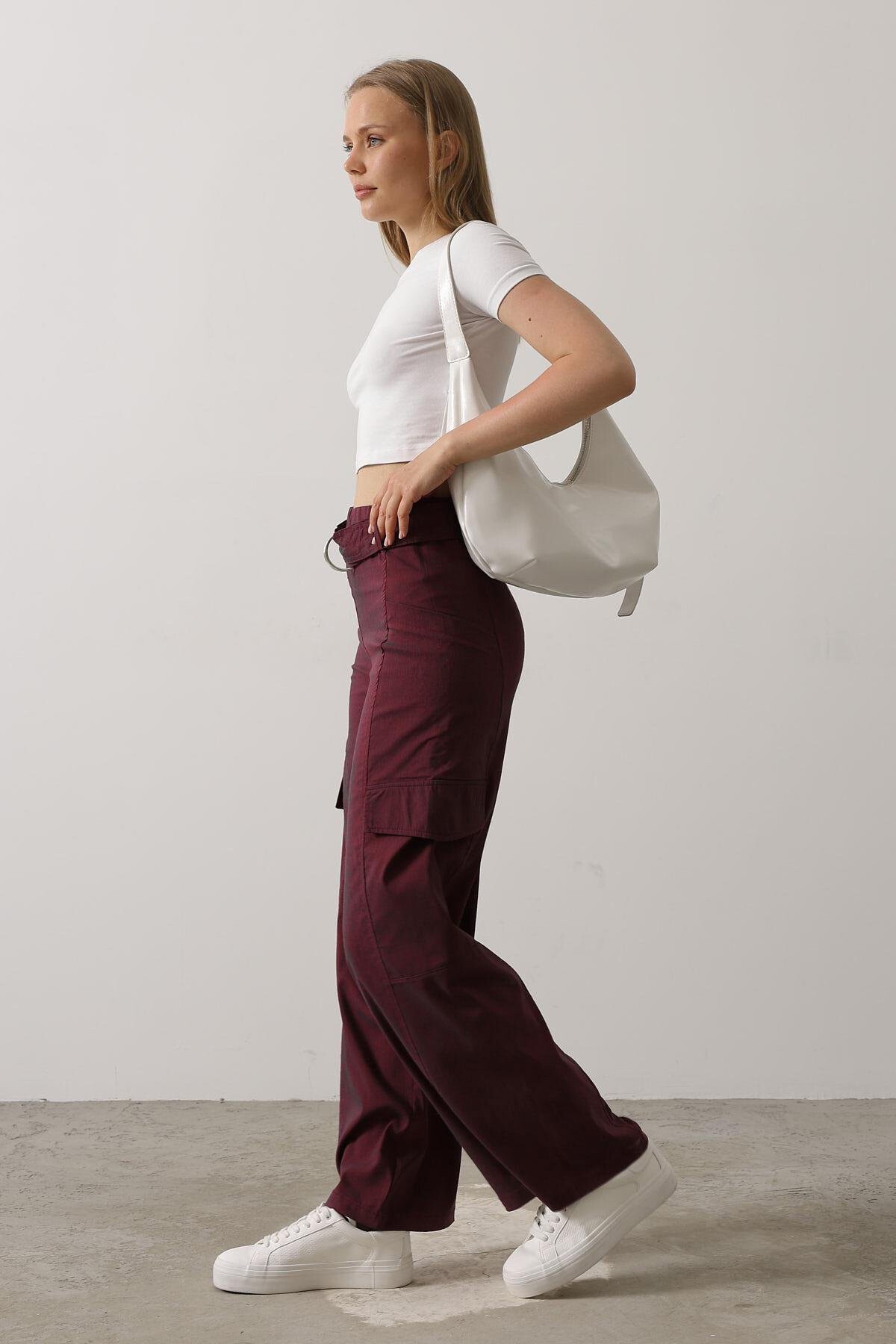 Bordo Kemerli Kargo Cepli Palazzo Pantolon