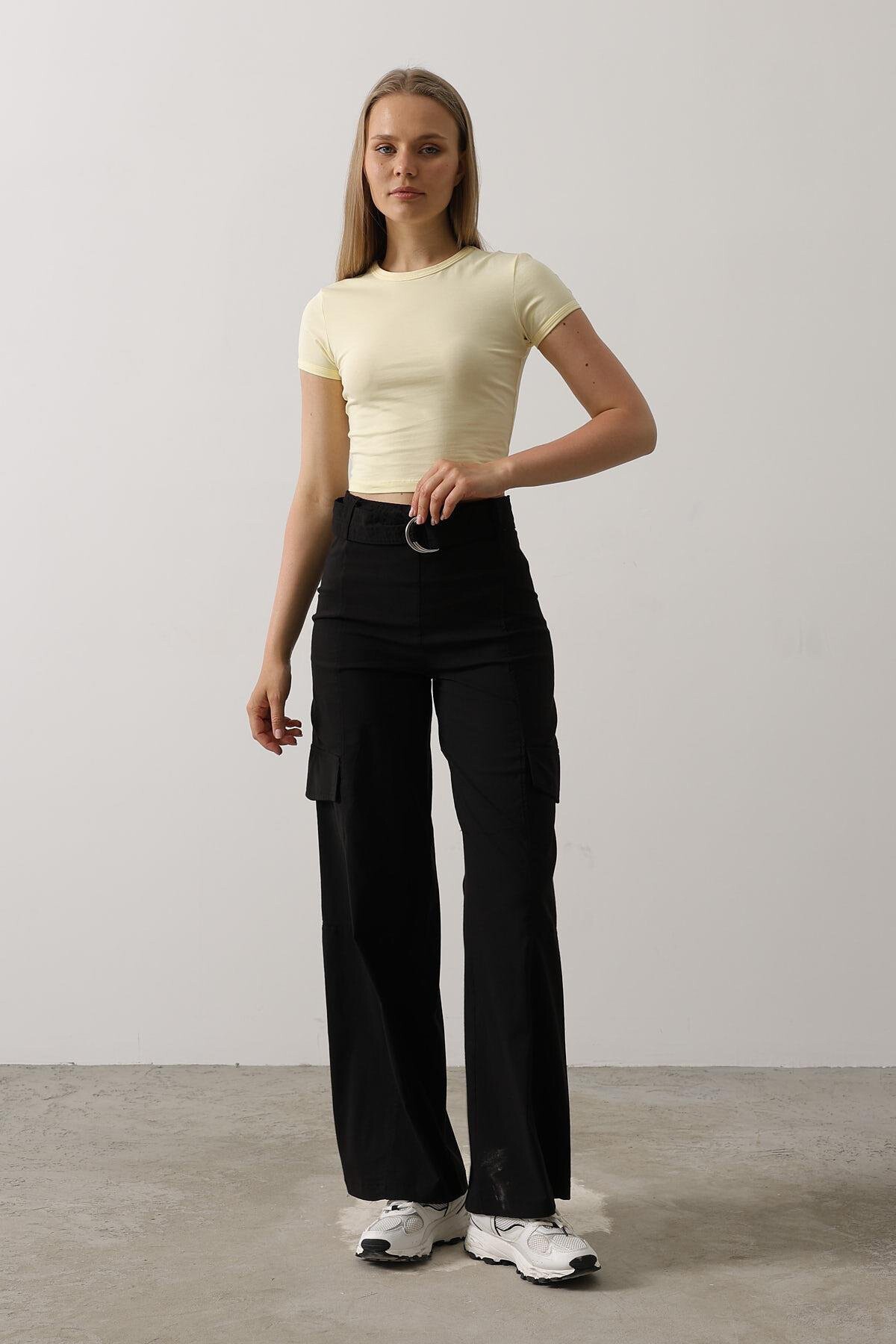 Siyah Kemerli Kargo Cepli Palazzo Pantolon