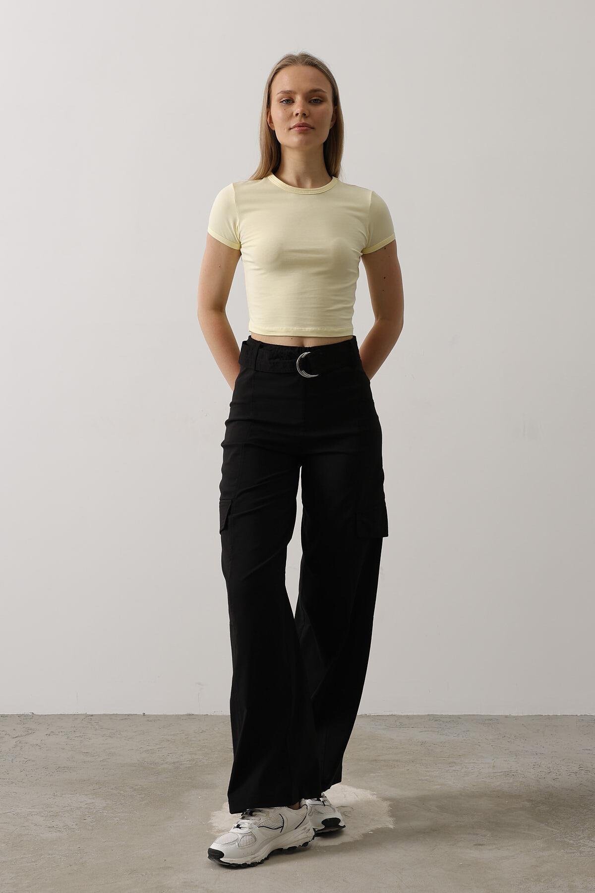 Siyah Kemerli Kargo Cepli Palazzo Pantolon