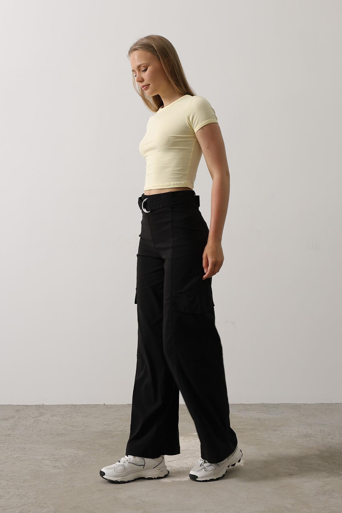 Siyah Kemerli Kargo Cepli Palazzo Pantolon