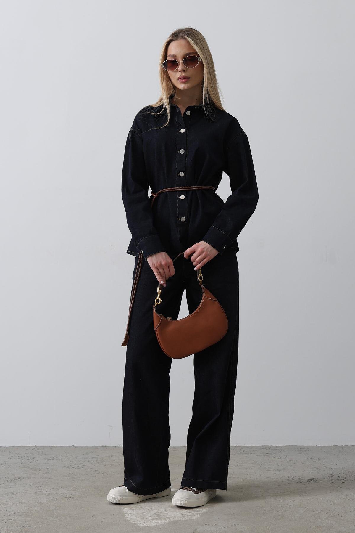 Mavi Kemerli Gömlek Ve Pantolon Denim Takım