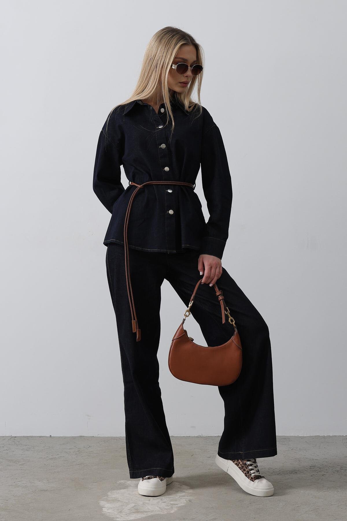 Mavi Kemerli Gömlek Ve Pantolon Denim Takım