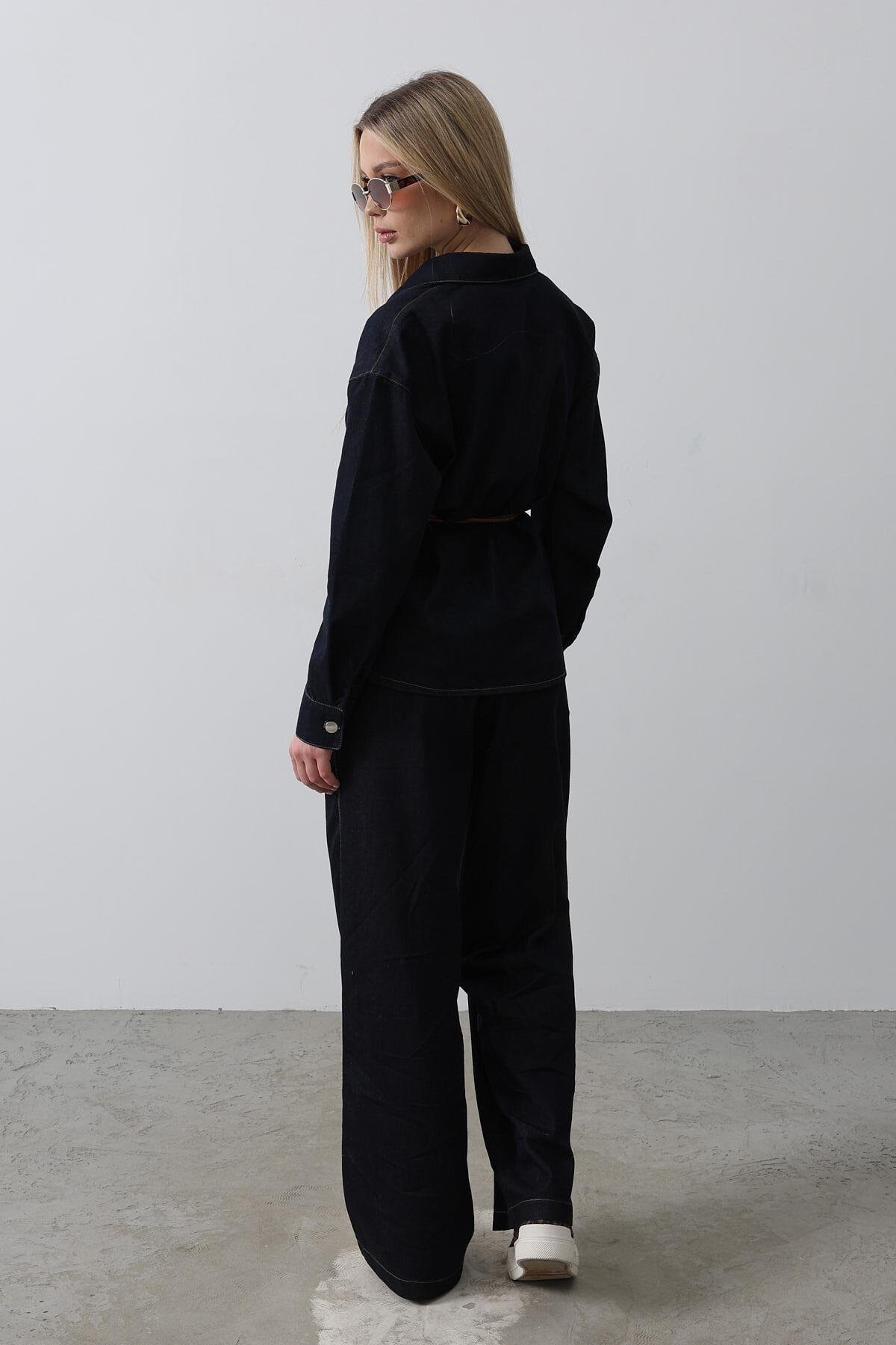 Mavi Kemerli Gömlek Ve Pantolon Denim Takım