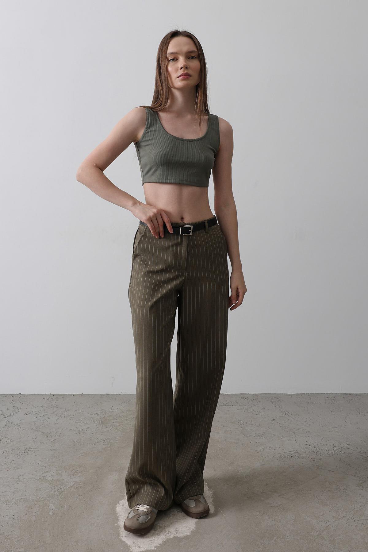 Haki Çift Cepli Kemerli Çizgili Palazzo Pantolon