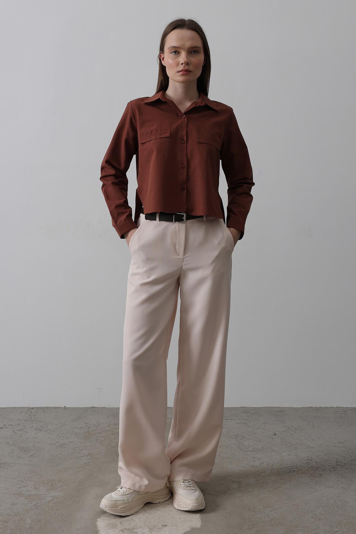 Pudra Çift Cepli Kemerli Palazzo Pantolon